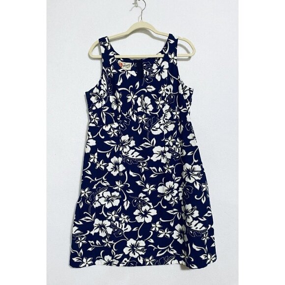 Hilo Hattie Womens Large Hawaiian Dress Sleeveless Sheath Blue Floral Cotton - Picture 1 of 6